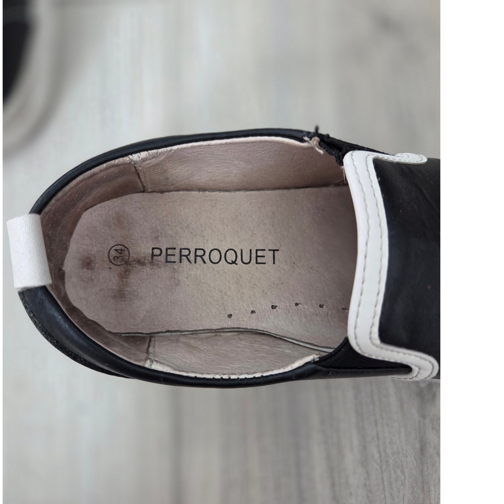 Perroquet Kids Black Leather Slip On Sneakers EU34/US 4 White Trim Luxury